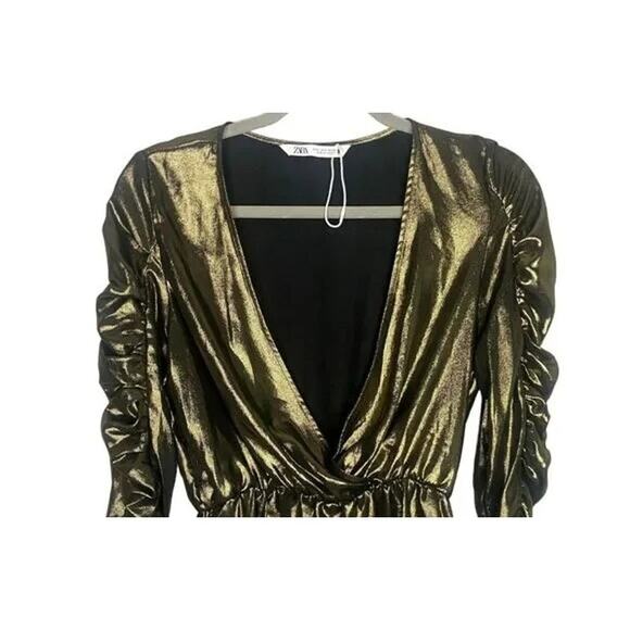 ZARA Metallic V Neck Ruched Long Sleeve Top Elastic Waist Lightweight S Gold - Picture 3 of 15